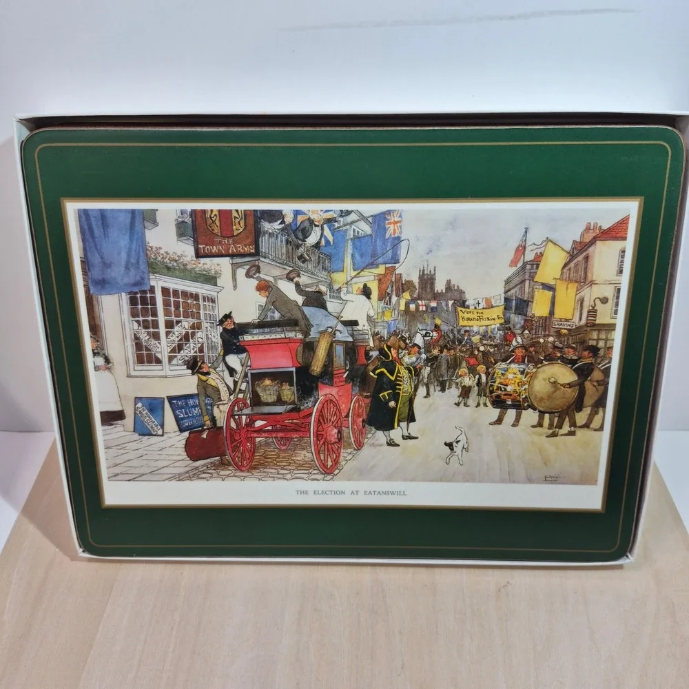 Pimpernel Charles Dickens Placemats Set of 6 Cork Back Green Gold English Scenes